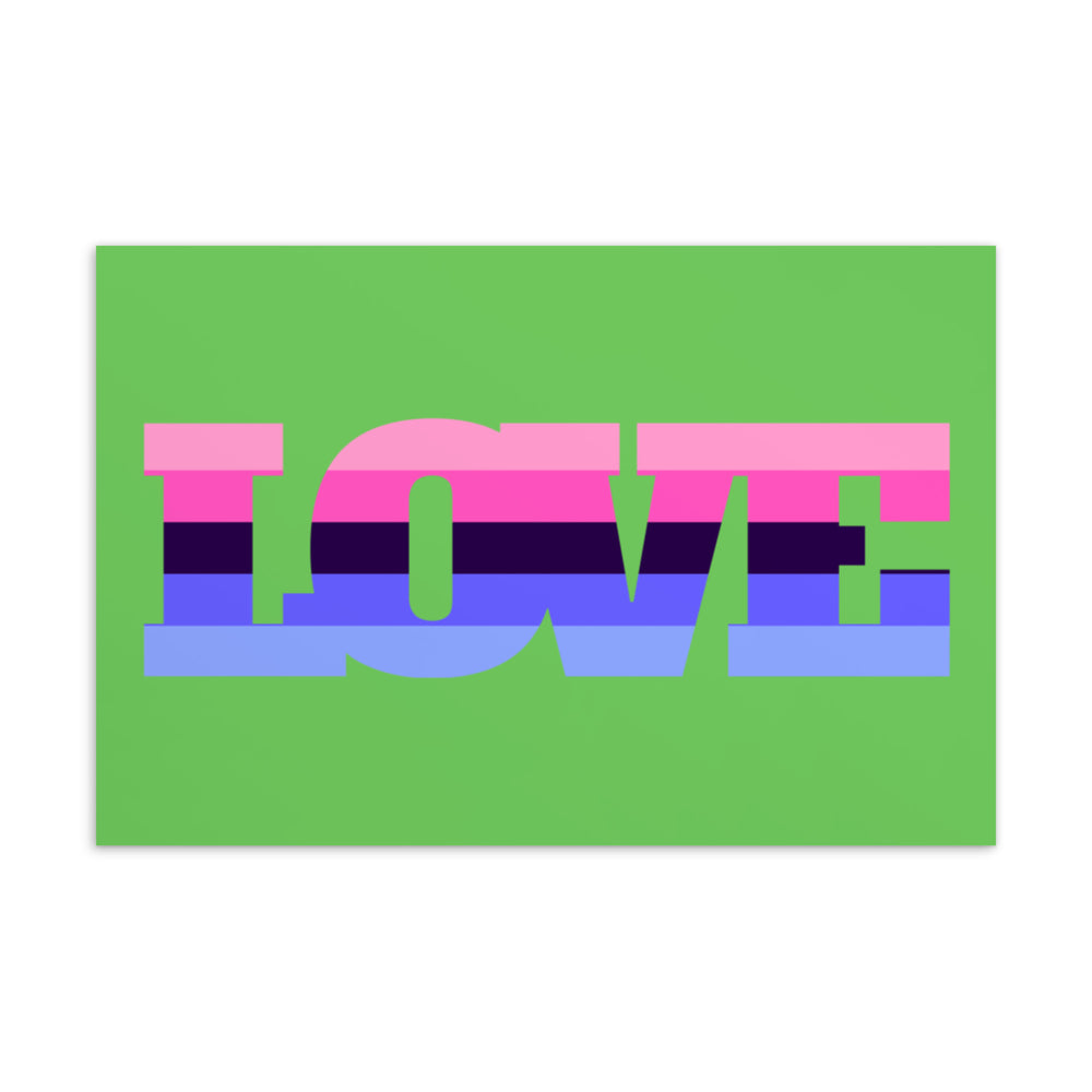 Postcard with large multicolored block letters spelling “LOVE” on a green background