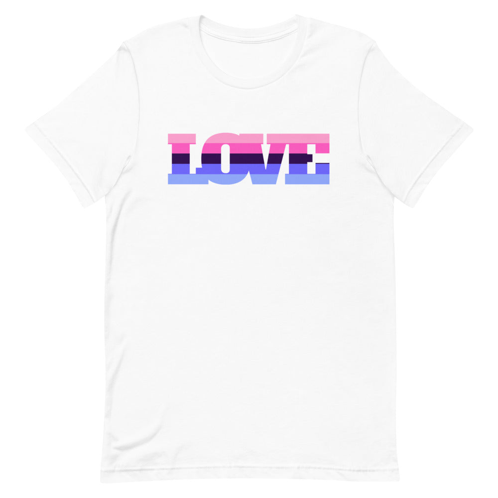 Front view of a white T-shirt with “LOVE” in pink, purple, and blue stripes