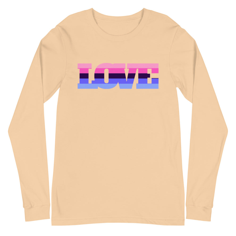 Front view of a sand-colored long-sleeve shirt with striped pink, purple, and blue LOVE lettering