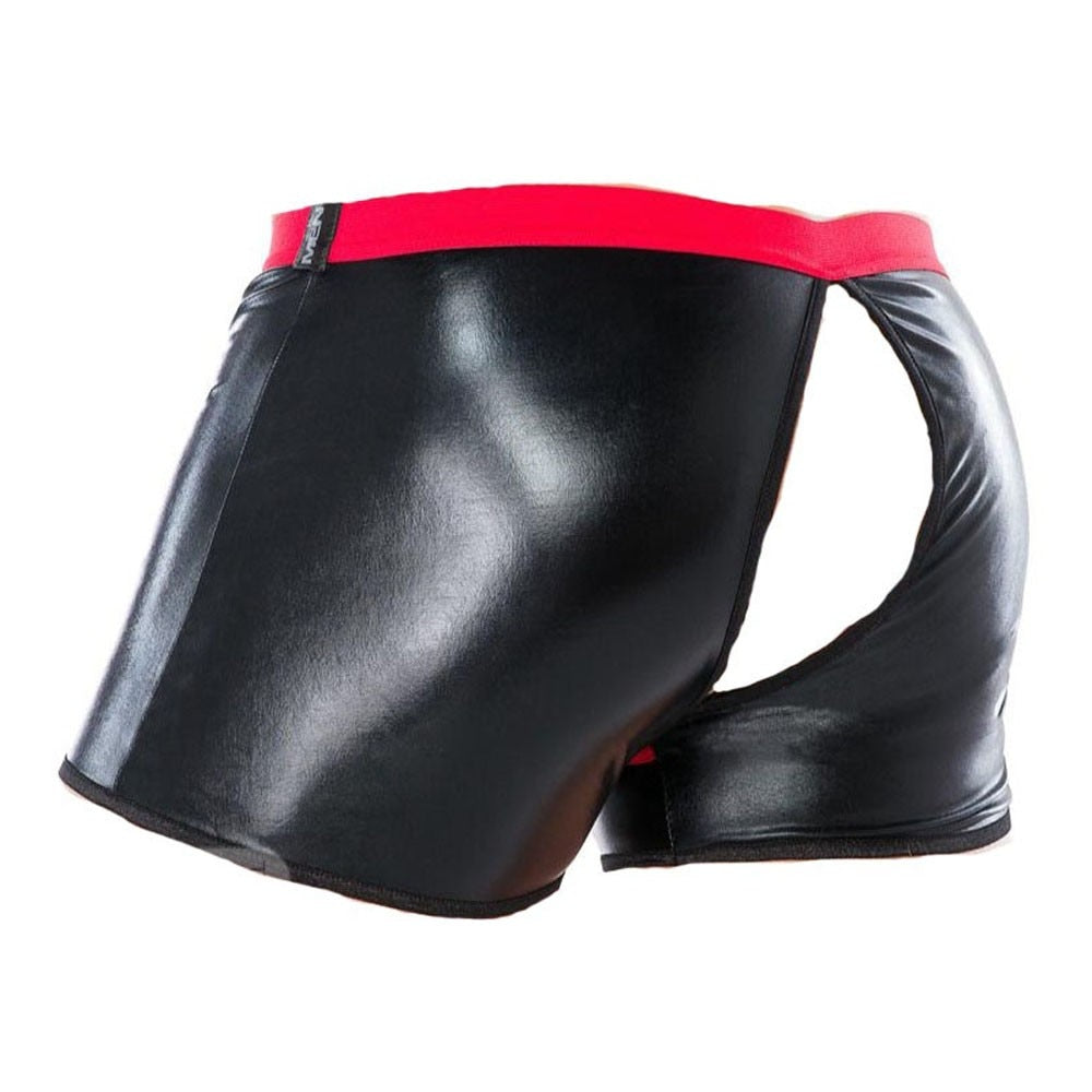 Front three-quarter view of black faux-leather open-crotch boxer shorts with a red waistband