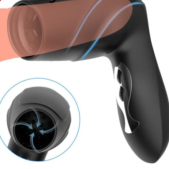 Black handheld penis-sucking machine with translucent sleeve and airflow detail inset