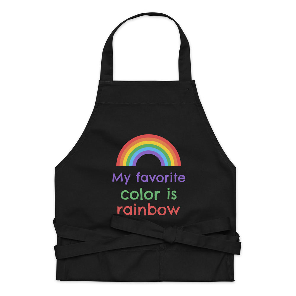 Black apron with a rainbow graphic and the words “My favorite color is rainbow”