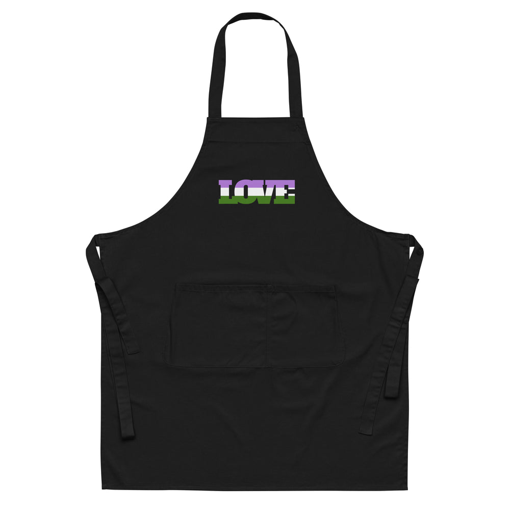 Front-facing black apron with neck and waist ties, pocket, and purple-and-green “LOVE” lettering