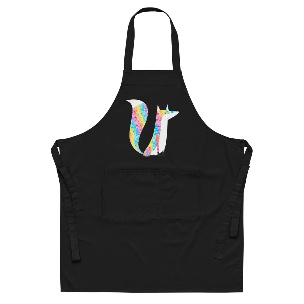 Front view of a black apron with a colorful glittery fox graphic and front pocket