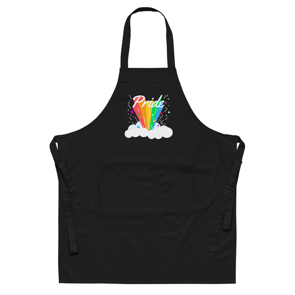 Front view of a black apron with a rainbow Pride graphic and large front pocket