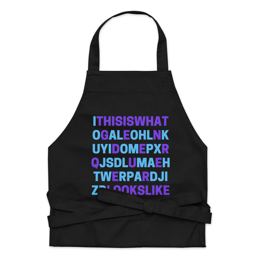 Front view of a black apron with blue and purple text and crossed waist ties