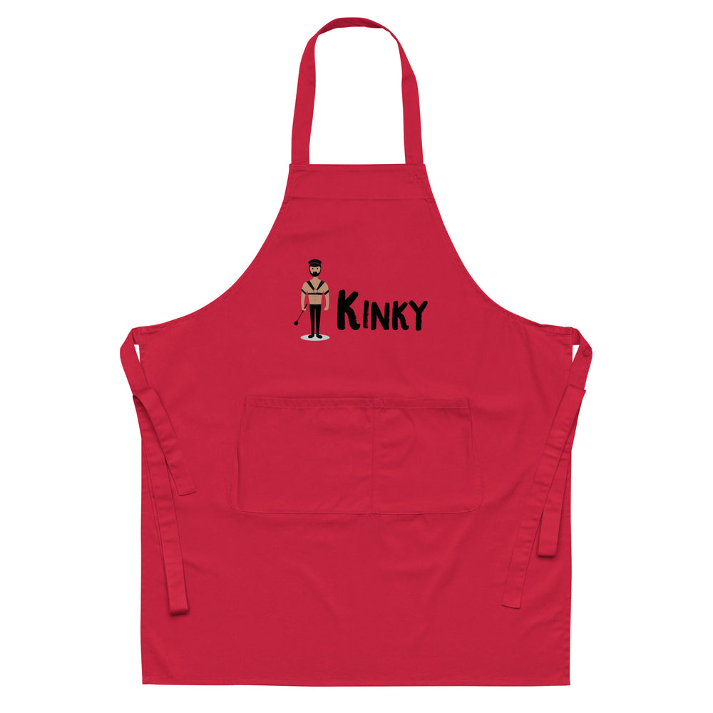 Front-facing red apron with neck strap, waist ties, pocket, and “KINKY” graphic