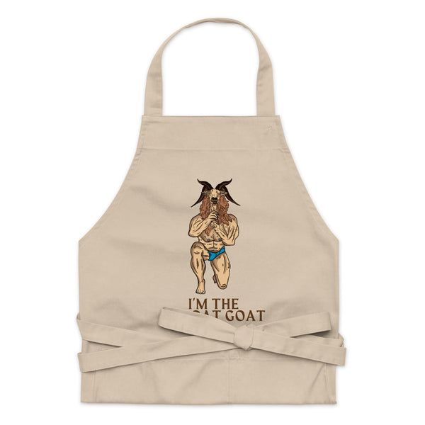 Front view of a beige apron with a goat illustration and “I’M THE THROAT GOAT” text
