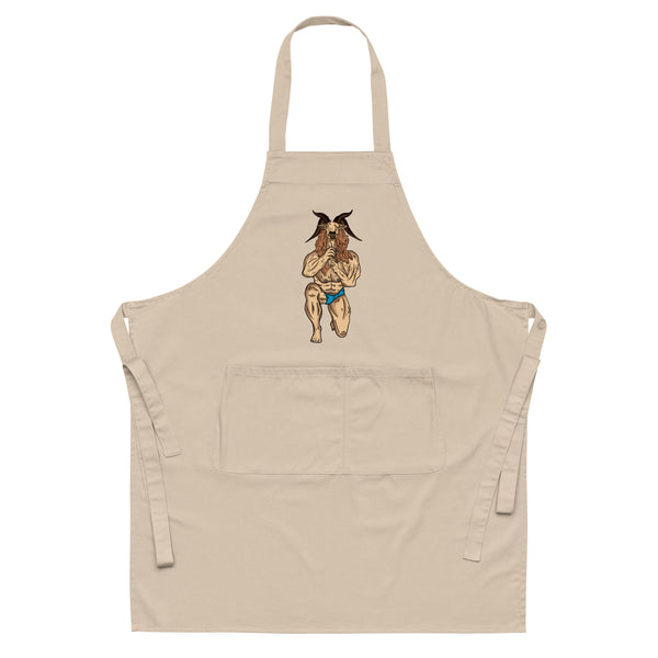 Front-facing beige apron with neck strap, waist ties, pocket, and goat-person illustration