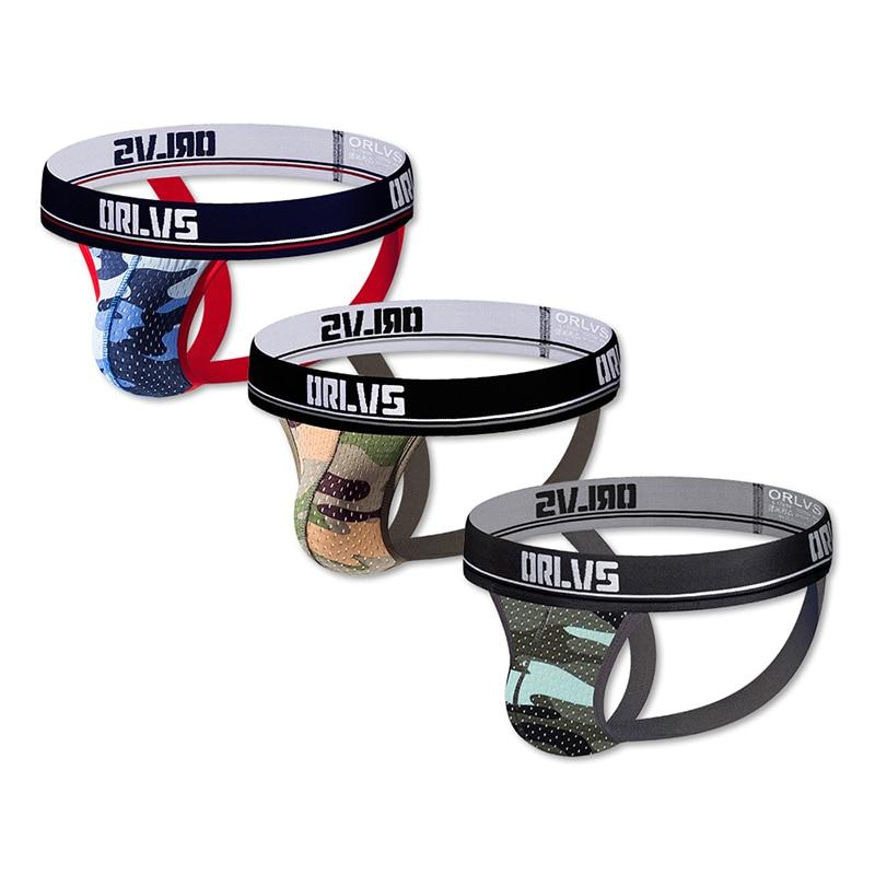 Three camouflage mesh jockstraps with contrasting waistbands and open back straps