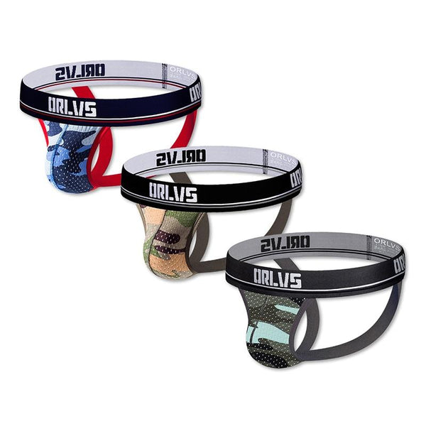 Three camouflage mesh jockstraps with contrasting waistbands and open back straps