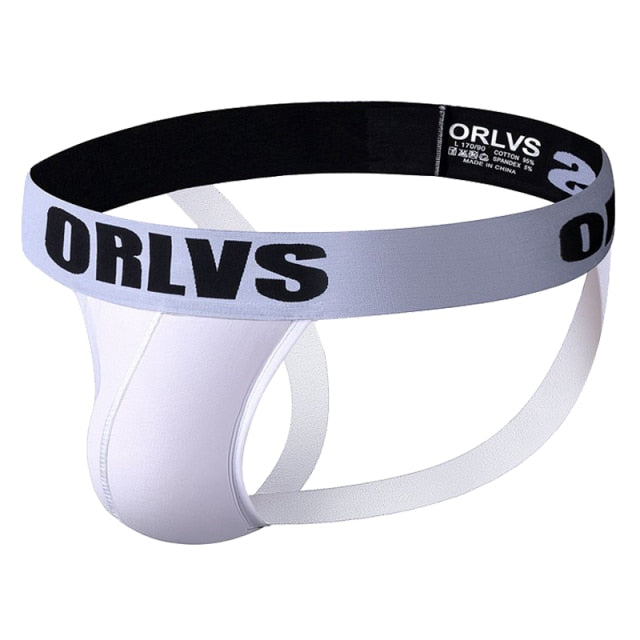 Close-up of a white jockstrap with a black ORLVS logo waistband and rear support straps