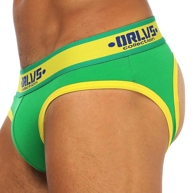 Green backless brief with yellow trim and branded elastic waistband, shown from the rear