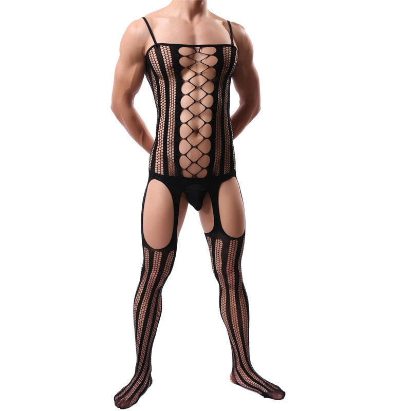 Front view of a model wearing a black fishnet bodysuit with open thighs