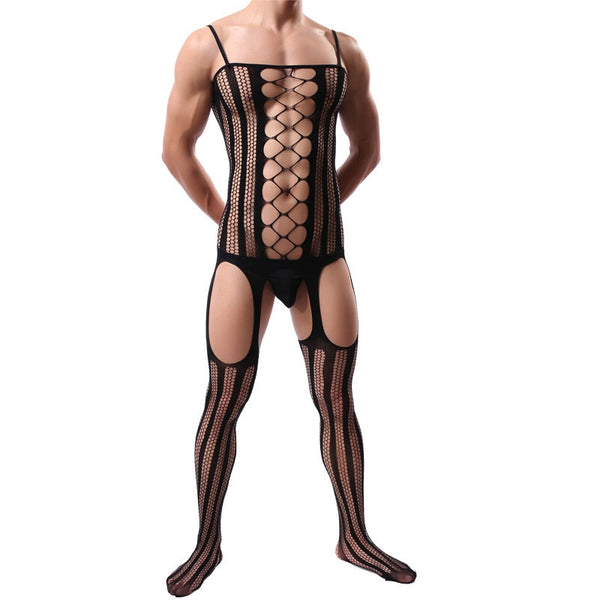 Front view of a model wearing a black fishnet bodysuit with open thighs