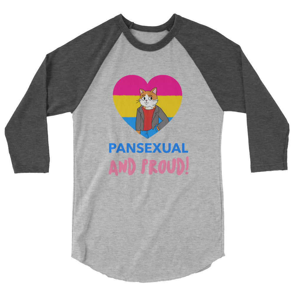 Front view of a gray raglan shirt with a cat in a pansexual flag heart and “PANSEXUAL AND PROUD!”