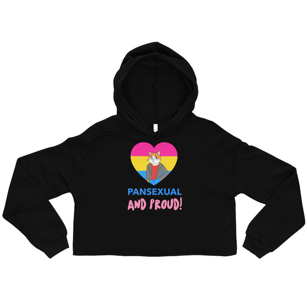 Front view of a black cropped hoodie with a pansexual flag heart and “PANSEXUAL AND PROUD!”