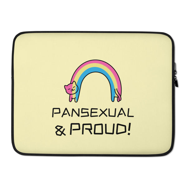 Front view of a pale yellow laptop sleeve with a cat-shaped pink, yellow, and blue rainbow and “PANSEXUAL & PROUD!”