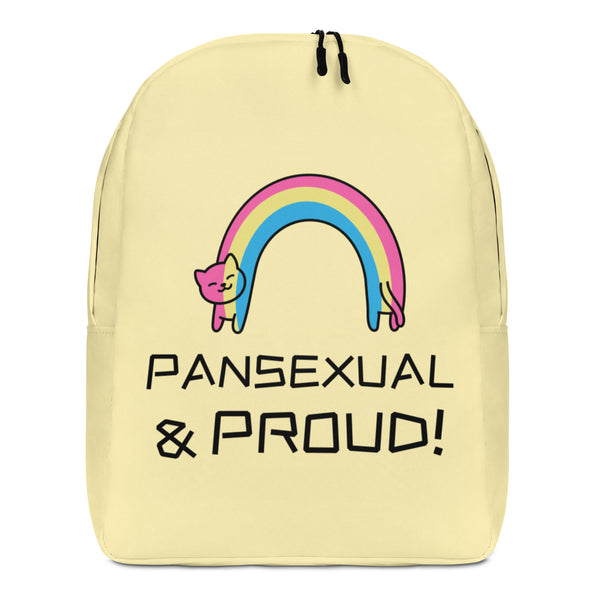 Front view of a pale yellow backpack with a pink-and-blue rainbow cat and “PANSEXUAL & PROUD!”