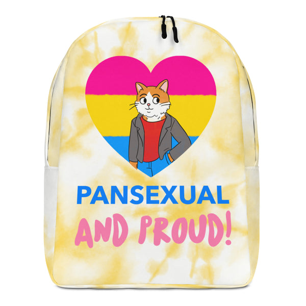 Front view of a yellow tie-dye backpack reading “PANSEXUAL AND PROUD!” with a cat in a pride heart