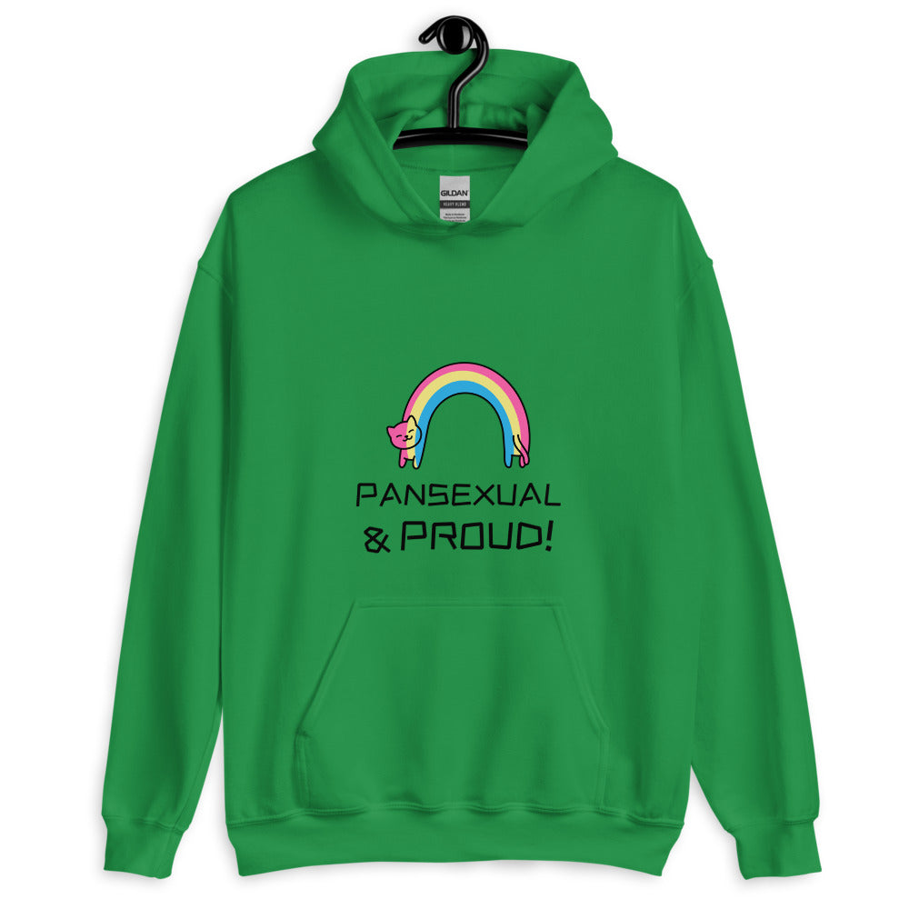 Front view of a green hoodie with a rainbow graphic and “PANSEXUAL & PROUD!” text