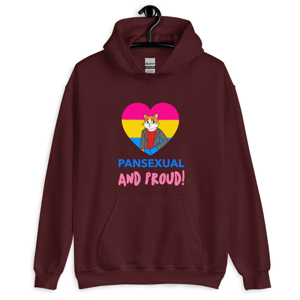 Front view of a maroon hoodie reading “PANSEXUAL AND PROUD!” with a cat in a pansexual-flag heart