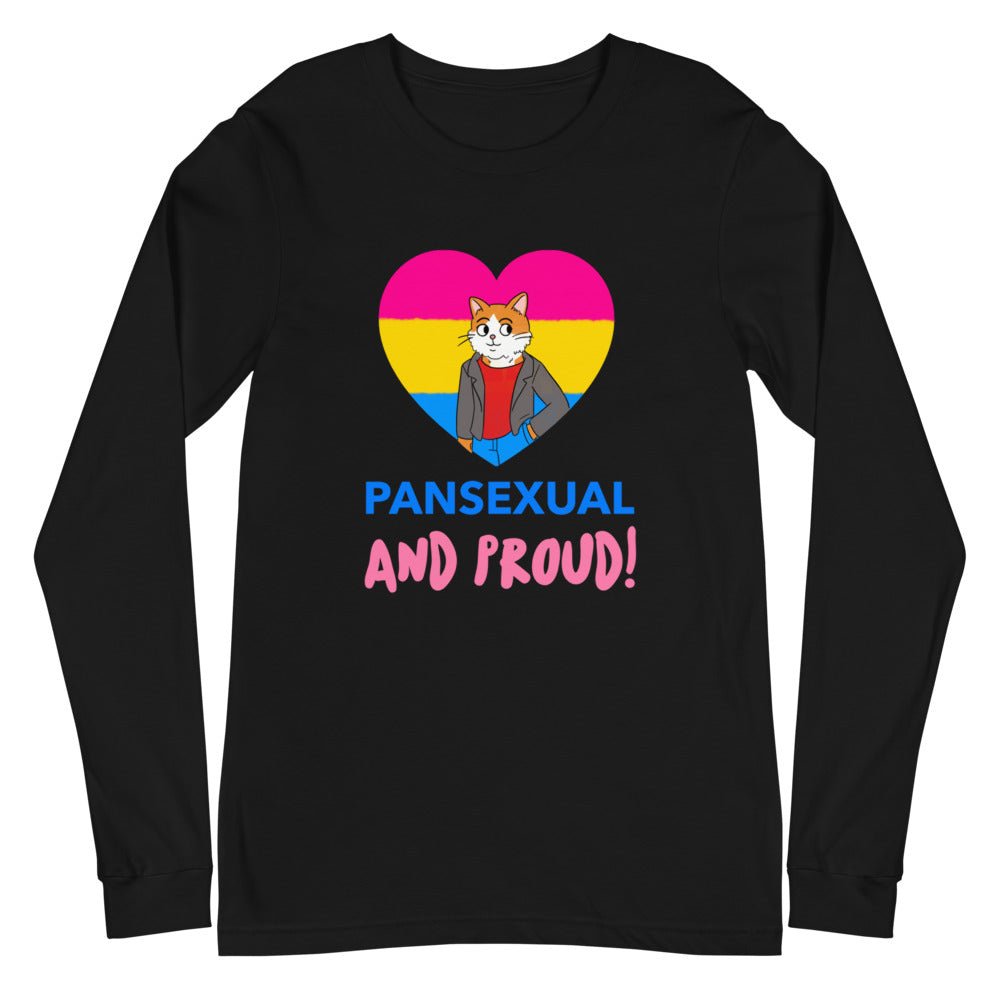 Black long-sleeve shirt with a pansexual flag heart, cat graphic, and “PANSEXUAL AND PROUD!”