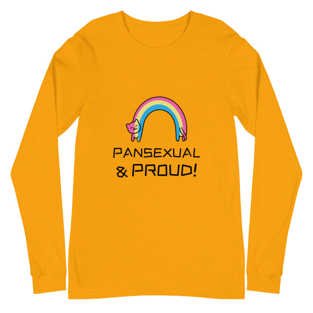 Front view of an orange long-sleeve shirt reading “PANSEXUAL & PROUD!” beneath a rainbow cat graphic