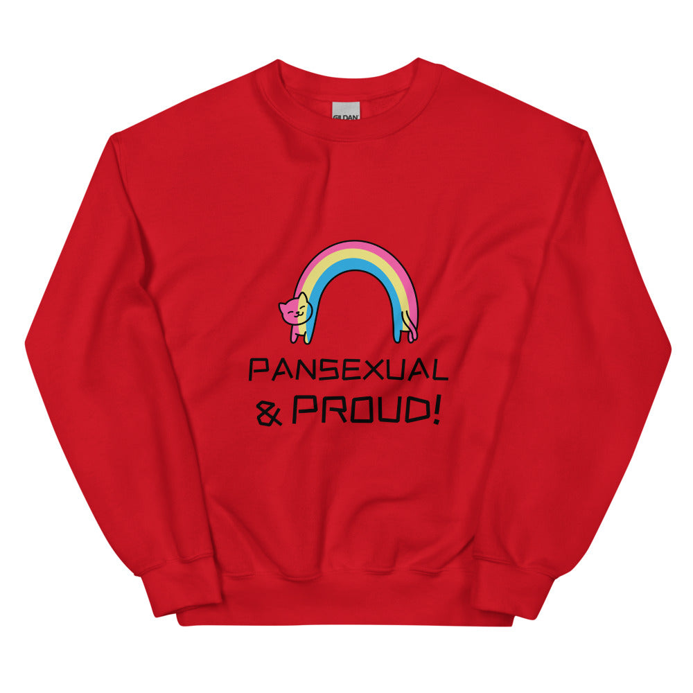 Red crew-neck sweatshirt with a rainbow cat graphic and “PANSEXUAL & PROUD!” text