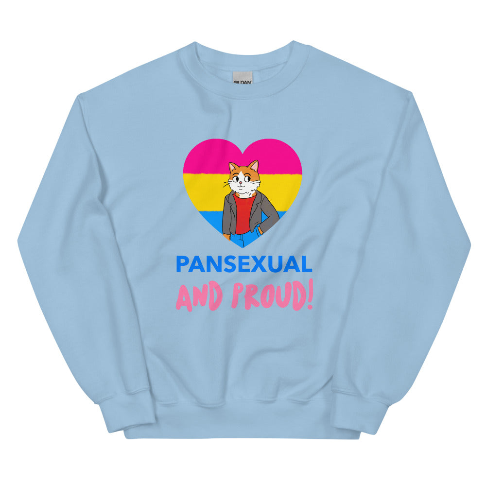 Light blue sweatshirt with a cat in a pansexual flag heart and “PANSEXUAL AND PROUD!” text