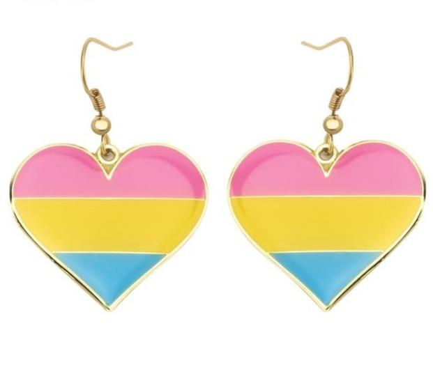 Pansexual pride heart earrings with pink, yellow, and blue horizontal stripes