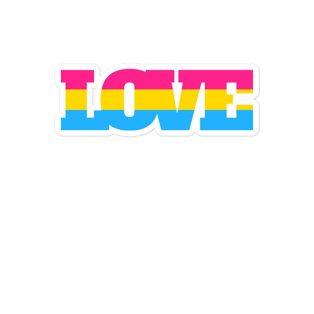 Bubble-shaped sticker reading “LOVE” in pink, yellow, and blue horizontal bands
