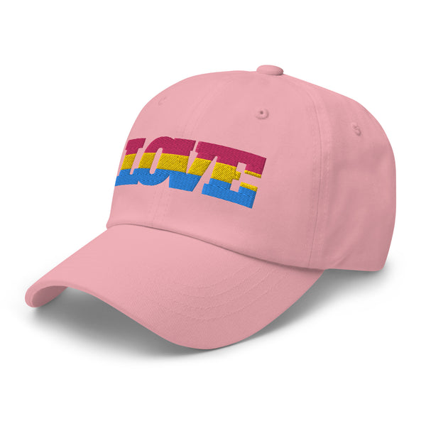 Pink baseball cap with embroidered LOVE lettering in pansexual flag colors