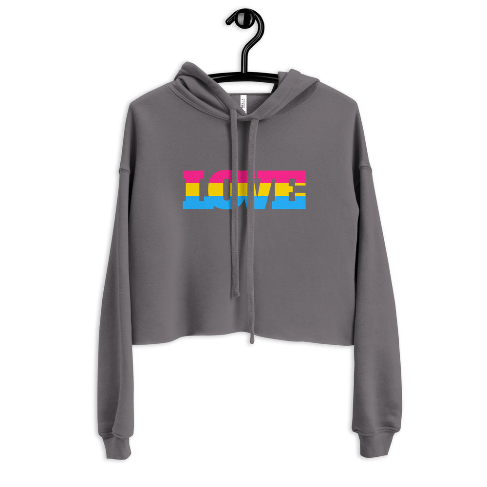 Front view of a gray cropped hoodie on a hanger with colorful “LOVE” lettering