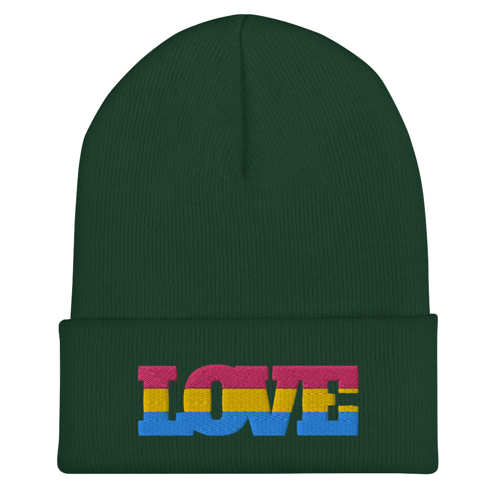 Front view of a dark green cuffed beanie embroidered with the word “LOVE” in pink, yellow, and blue.