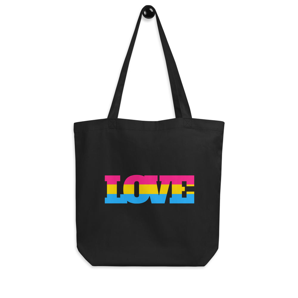 Front-facing black tote bag with long handles and colorful “LOVE” lettering