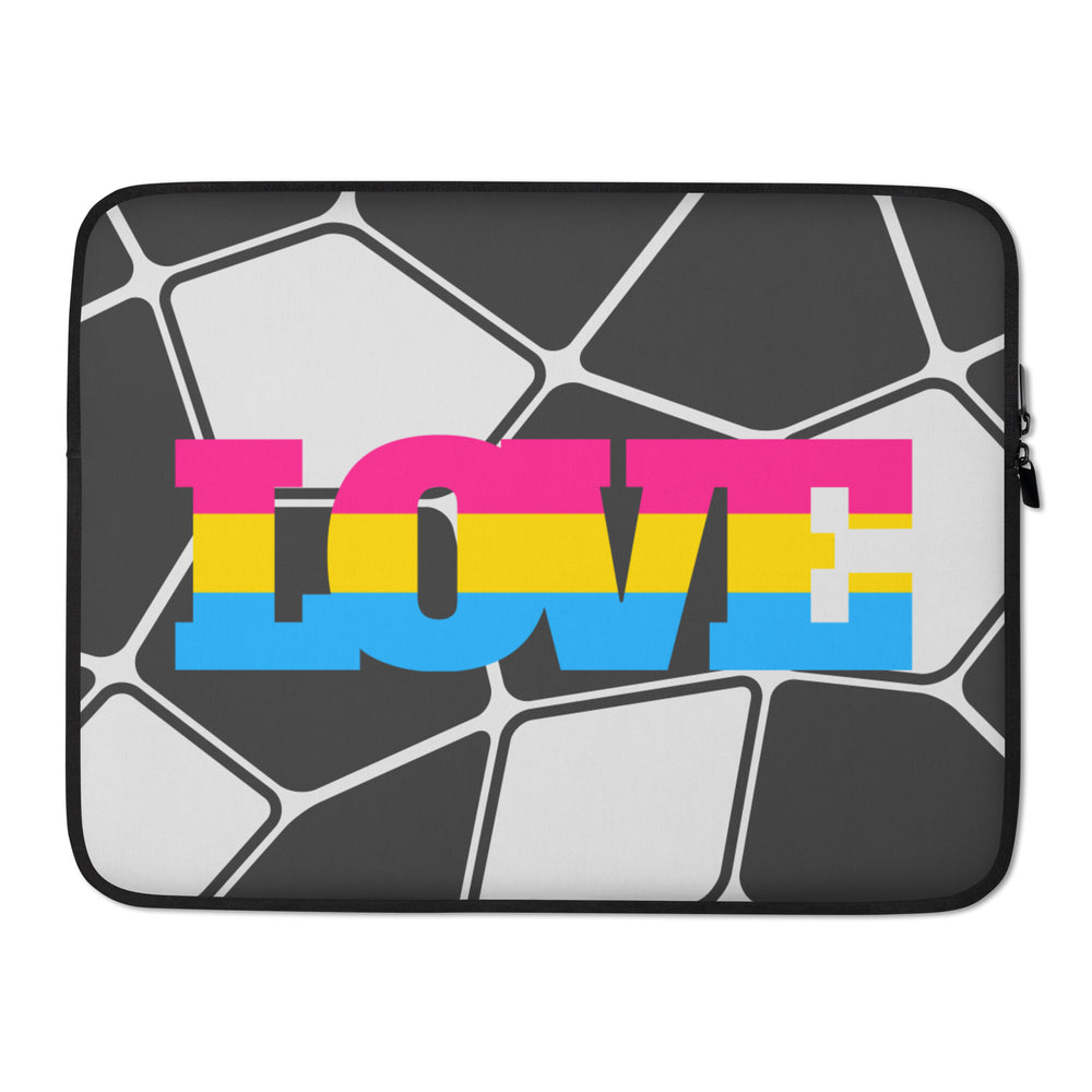 Front view of a laptop sleeve with a geometric gray pattern and colorful “LOVE” lettering