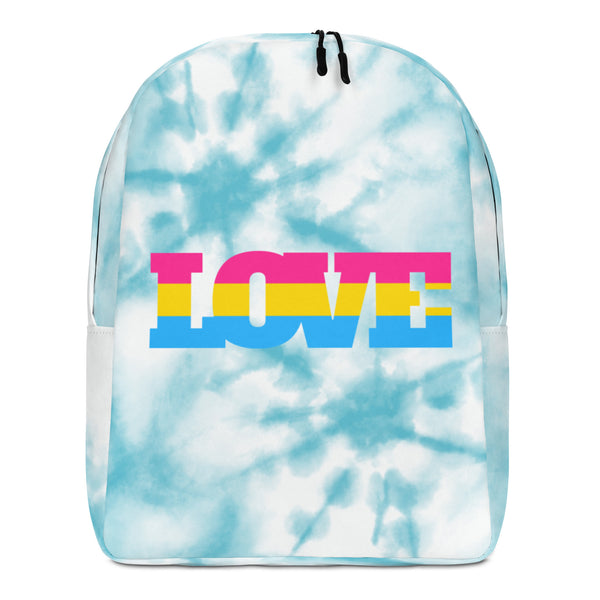 Front-facing light blue tie-dye backpack with a pink, yellow, and blue “LOVE” graphic
