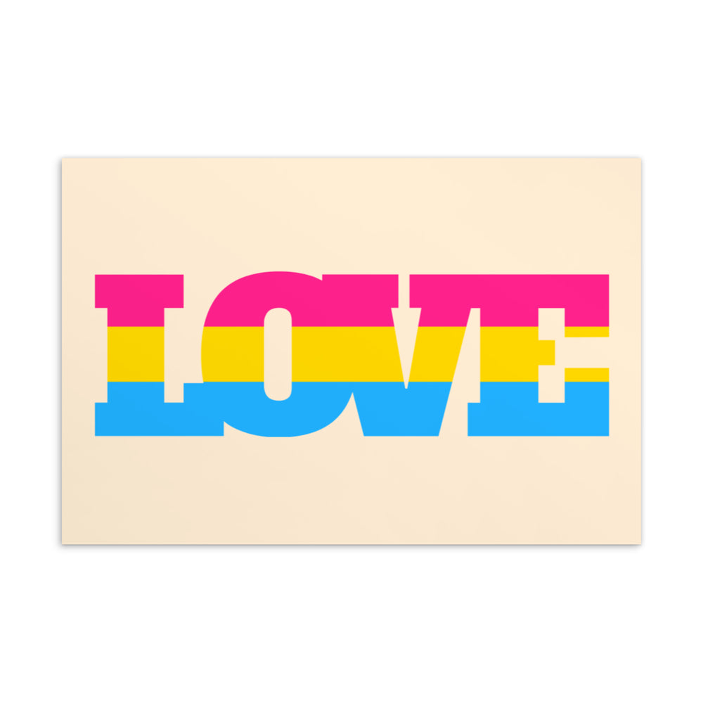 Postcard with large multicolored block letters spelling “LOVE” on a cream background