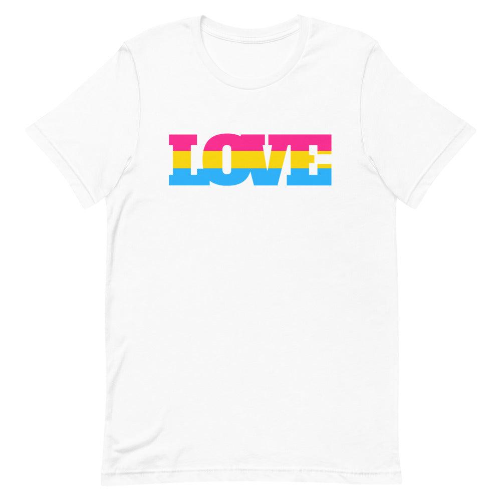 Front view of a white T-shirt with the word “LOVE” in pink, yellow, and blue stripes