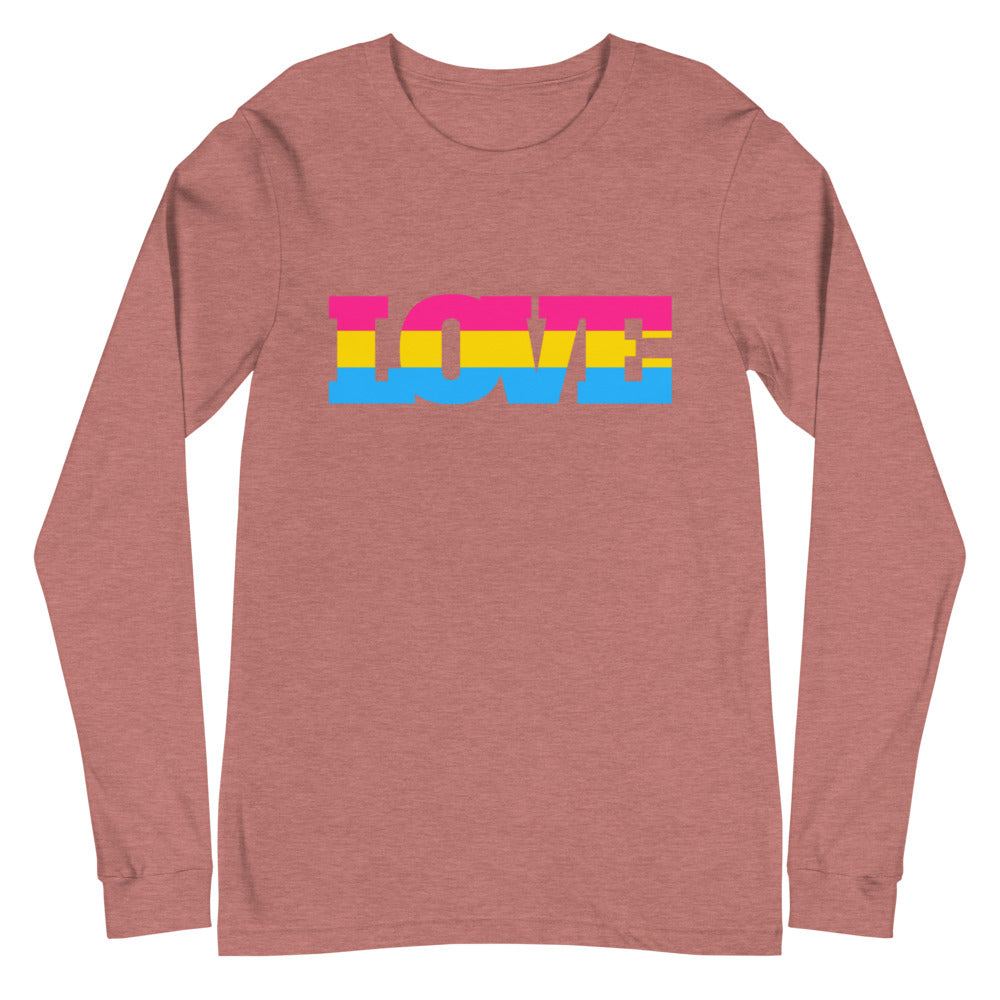Heather mauve long-sleeve shirt with bold LOVE lettering in pink, yellow, and blue stripes