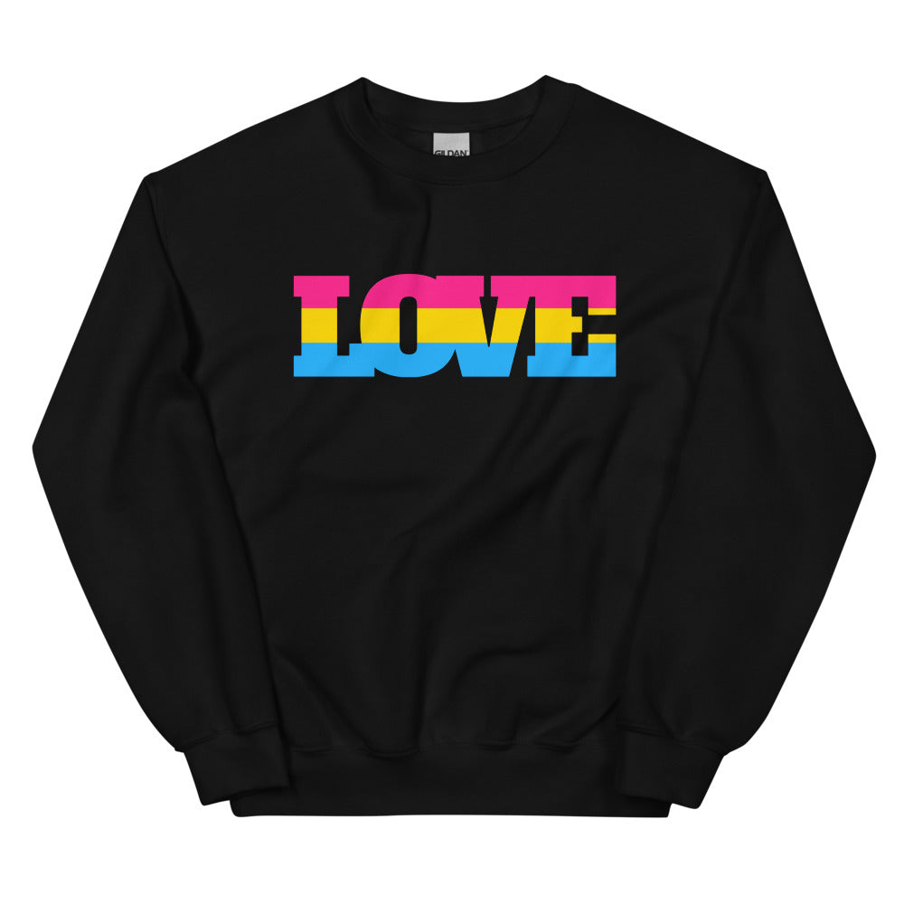 Front view of a black sweatshirt with “LOVE” in pink, yellow, and blue stripes