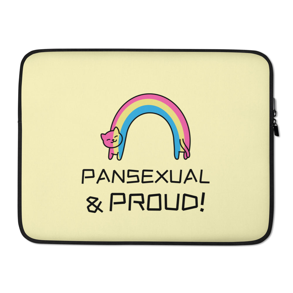 Front view of a pale yellow laptop sleeve with a cat-shaped pink, yellow, and blue rainbow and “PANSEXUAL & PROUD!”