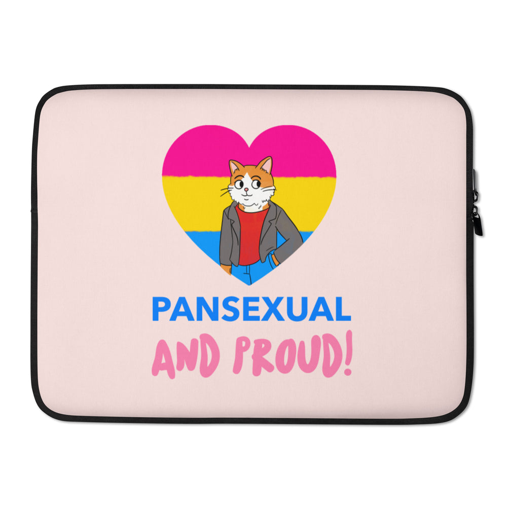 Pansexual And Proud Laptop Sleeve with a pan heart and bold text, held by a pink-haired person in queer-bright streetwear at dusk.