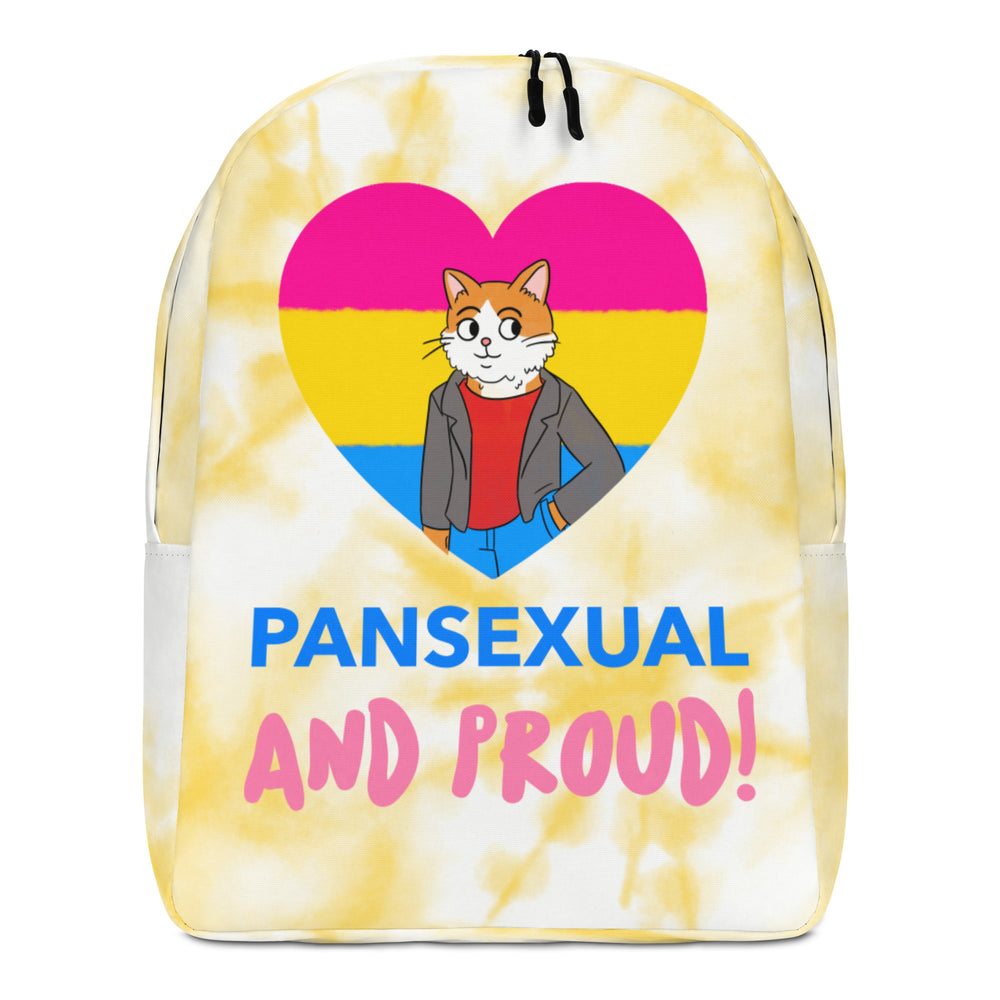 Front view of a yellow tie-dye backpack reading “PANSEXUAL AND PROUD!” with a cat in a pride heart