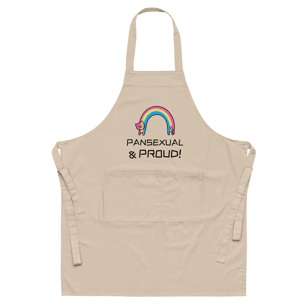 Front view of a beige apron with a rainbow cat graphic and “PANSEXUAL & PROUD!” text