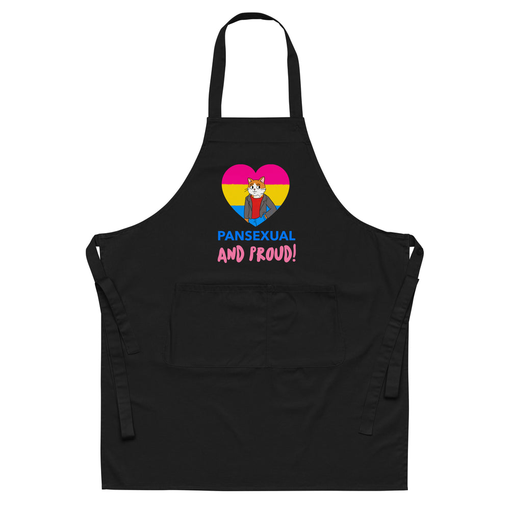 Front view of a black apron with a pansexual heart, cartoon cat, and “PANSEXUAL AND PROUD!”