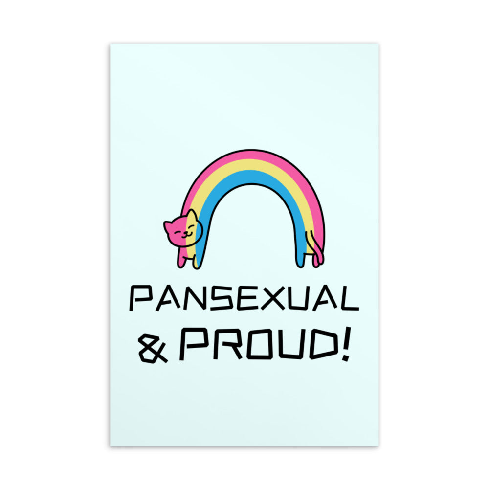 Pansexual pride postcard with a pink, yellow, and blue rainbow cat and “PANSEXUAL & PROUD!” lettering