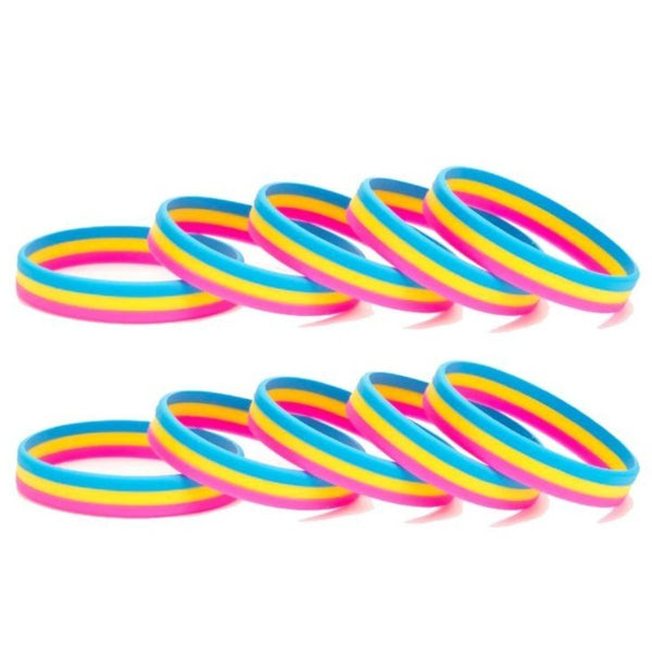 Five pink, yellow and blue pansexual pride rubber wristbands arranged in two rows
