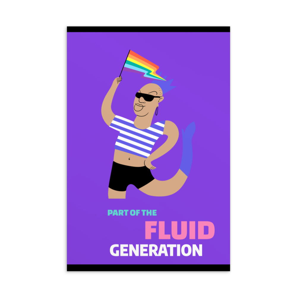 Purple postcard showing a sunglasses-wearing person with a rainbow flag and mermaid tail, reading “Part of the Fluid Gener...